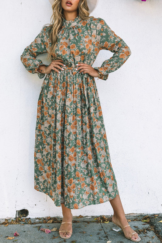 Frill Neck Boho Floral Print Pleated Belted Maxi Dress