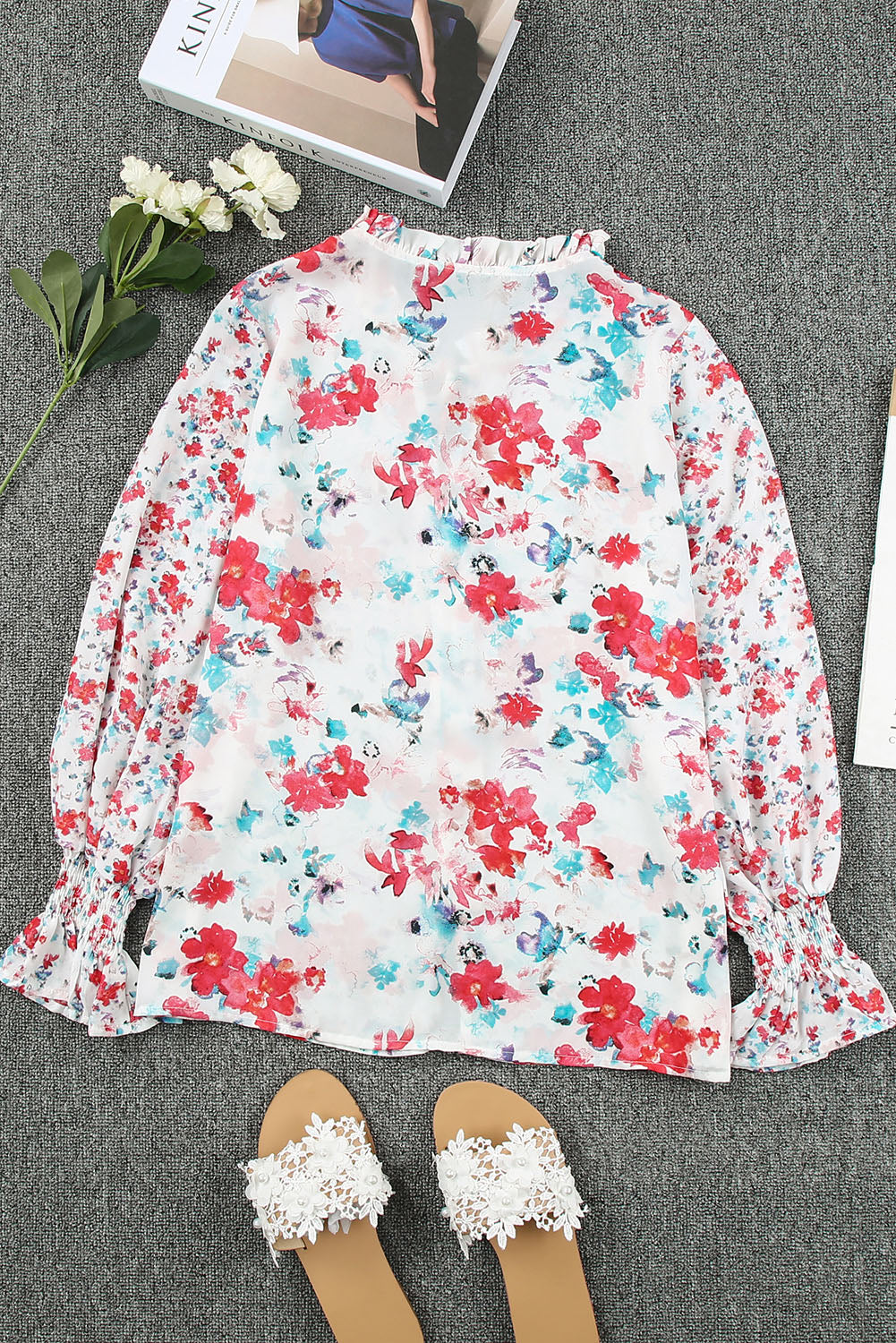 Pink Floral Print Bohemian Button Tie Front Blouse