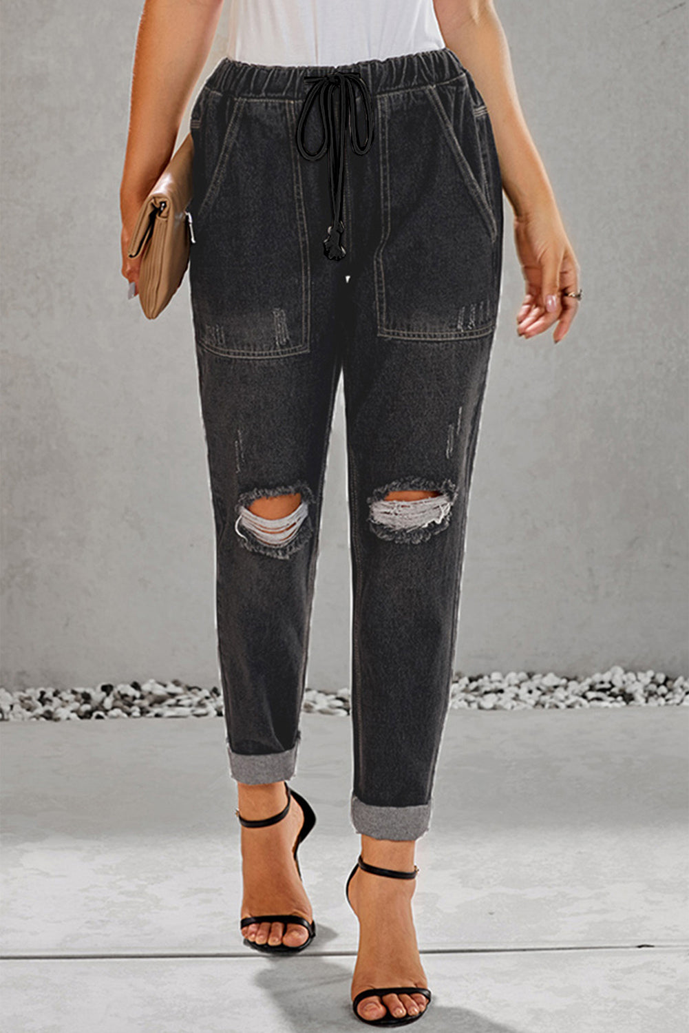 Dark Blue Casual Gather Round Distressed Pocketed Jeans