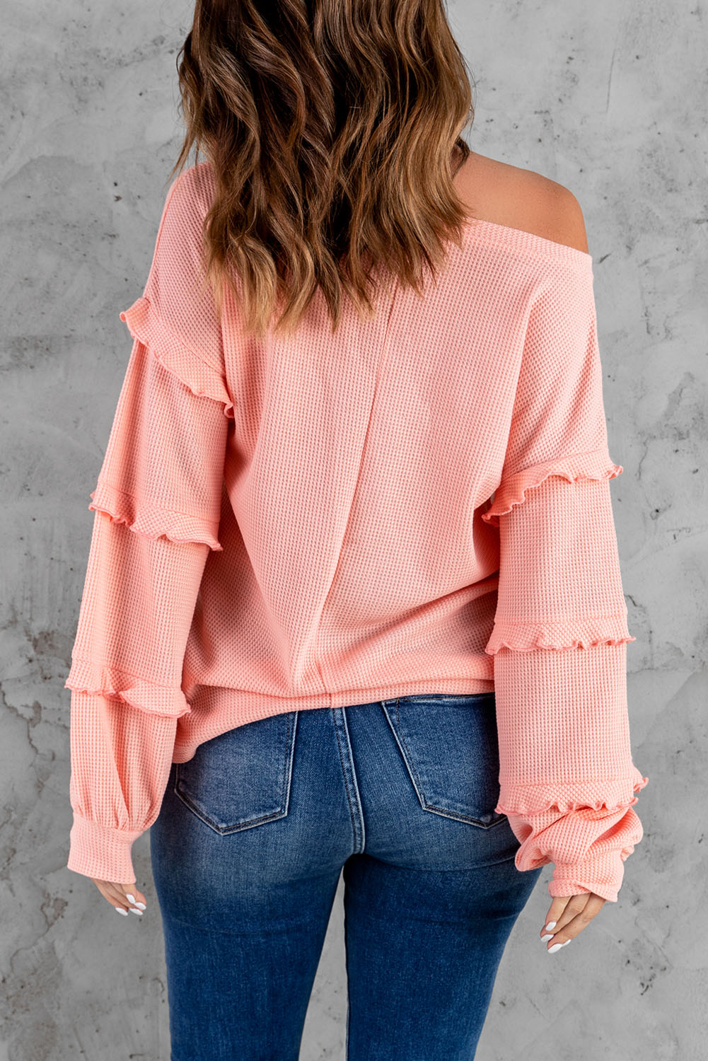 Grey V Neck Pullover Tiered Ruffle Long Sleeve Shirt