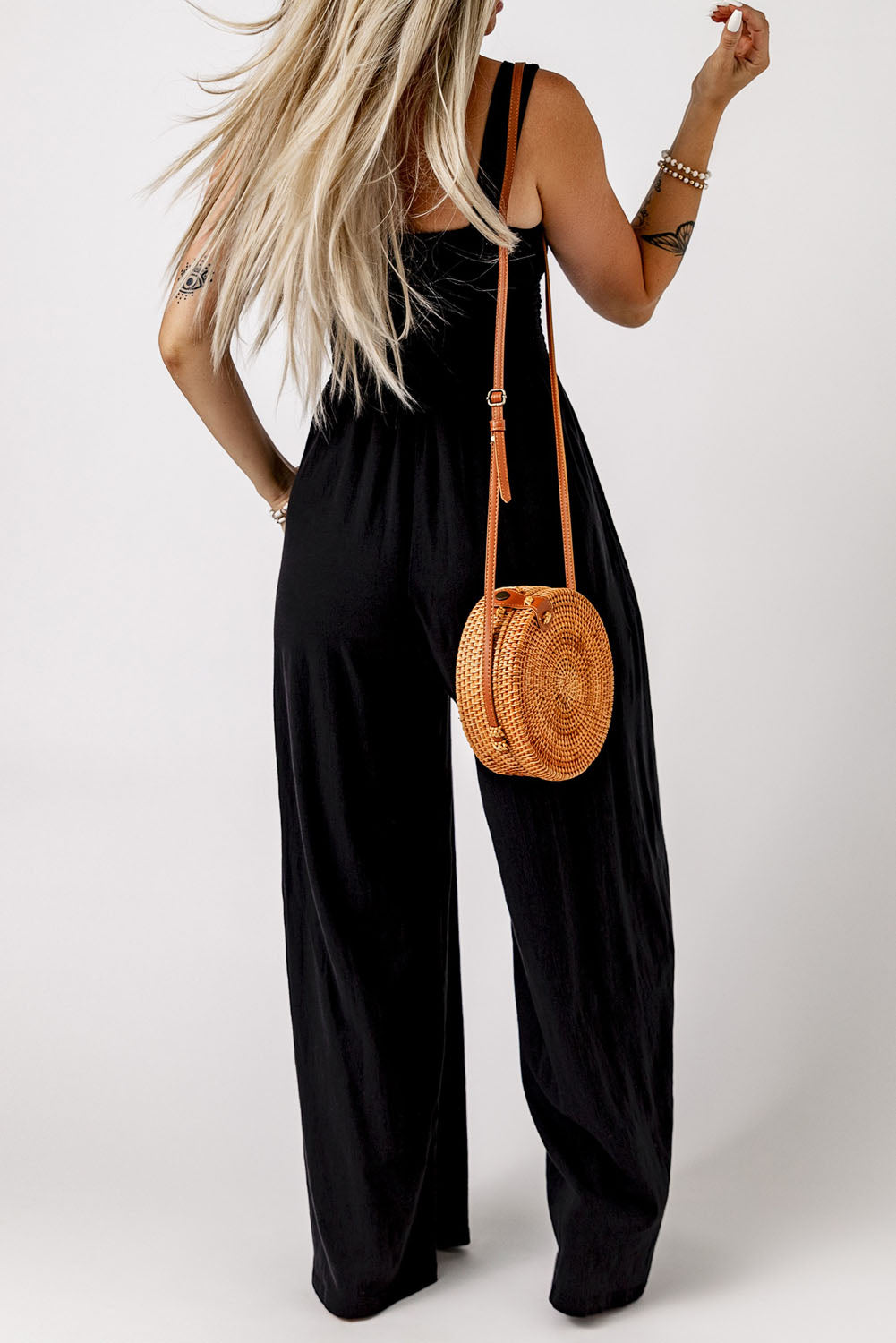 Casual Smocked Sleeveless Wide Leg Jumpsuit With Pockets