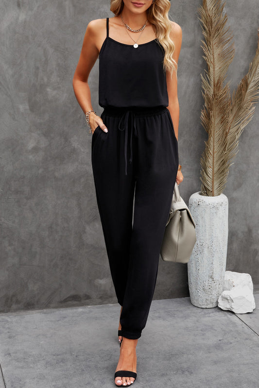 Basic Pockets Spaghetti Strap Drawstring Waist Jumpsuit