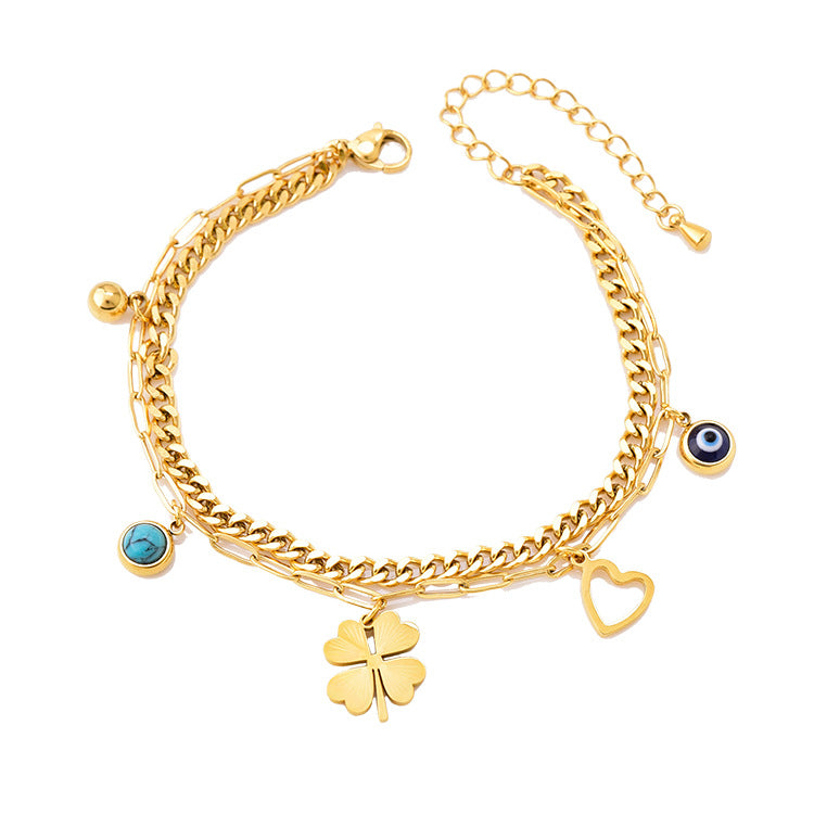 Geometric Blue-green Garnet Round Love Double-layer Bracelet