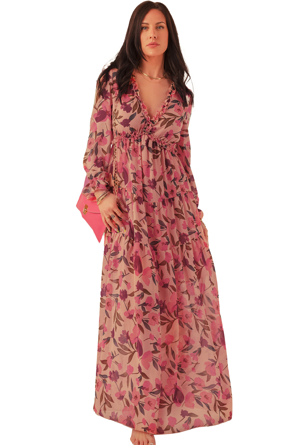 Pastel Red Floral Print Ruffle Trim Plunge Neckline Maxi Dress