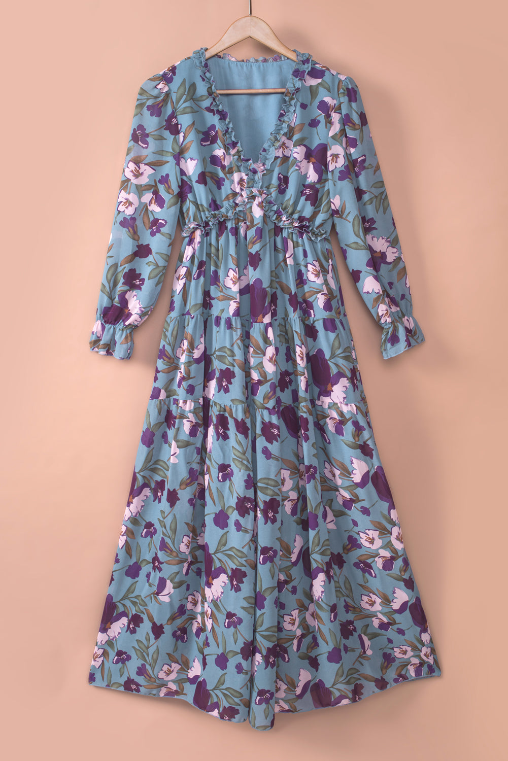 Pastel Red Floral Print Ruffle Trim Plunge Neckline Maxi Dress