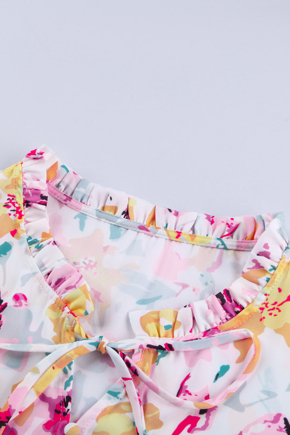 Pink Floral Print Bohemian Button Tie Front Blouse
