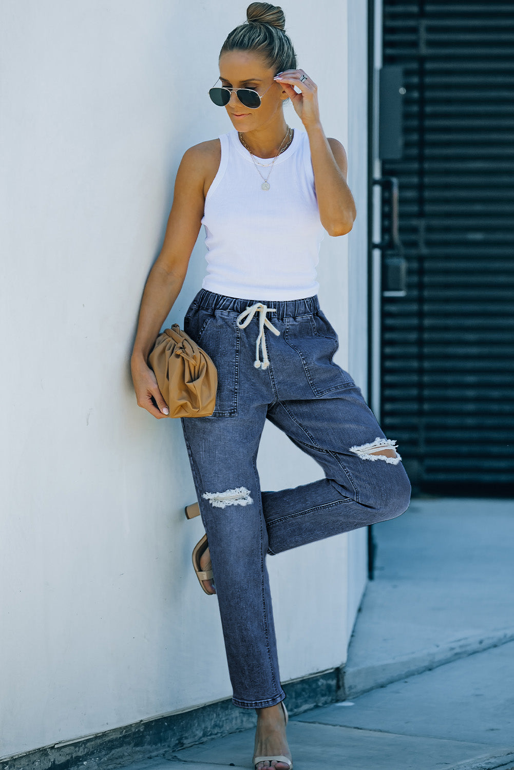 Dark Blue Casual Gather Round Distressed Pocketed Jeans