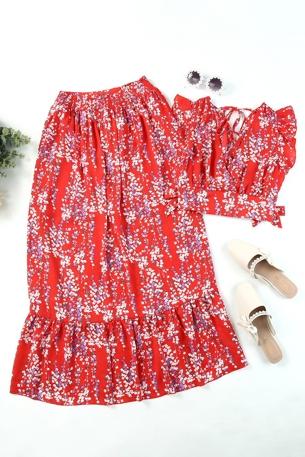 Ditsy Floral Print Ruffled Crop Top & Flounce Hem Maxi Skirt Set