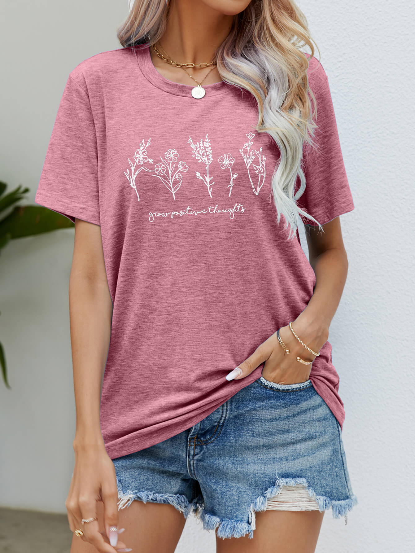GROW POSITIVE THOUGHTS Round Neck Short Sleeve Tee