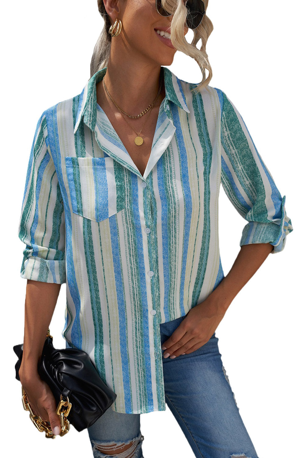 Button Up Collared Stripes Shirt for Women
