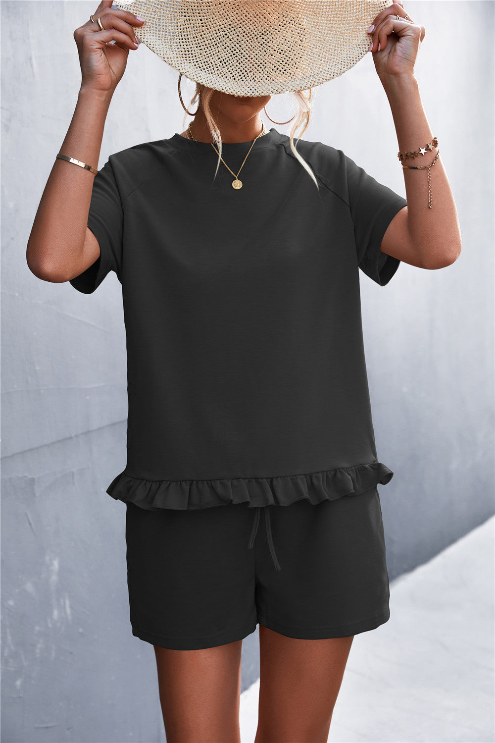 Ruffle Hem Top and Shorts Set with Pockets