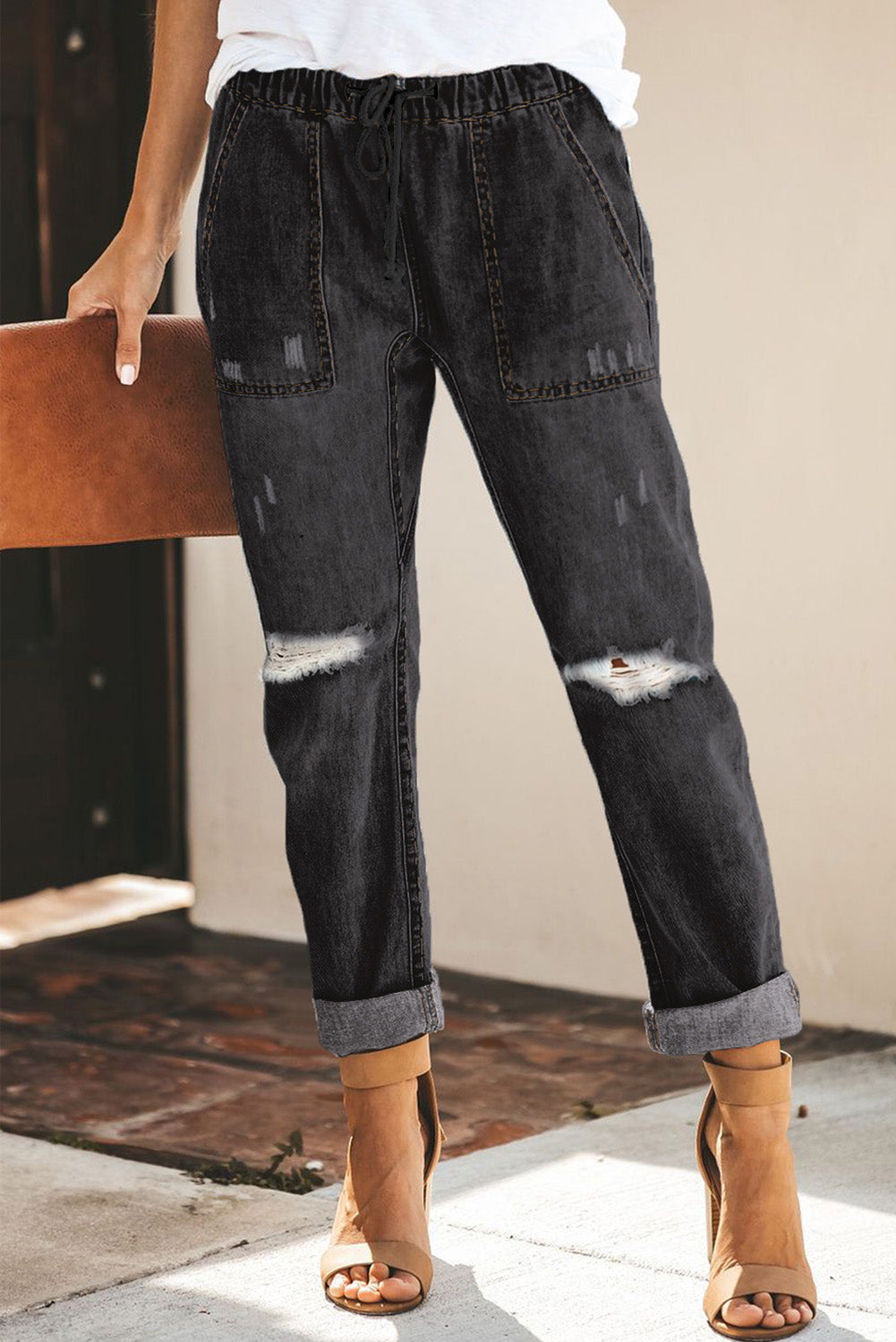 Dark Blue Casual Gather Round Distressed Pocketed Jeans