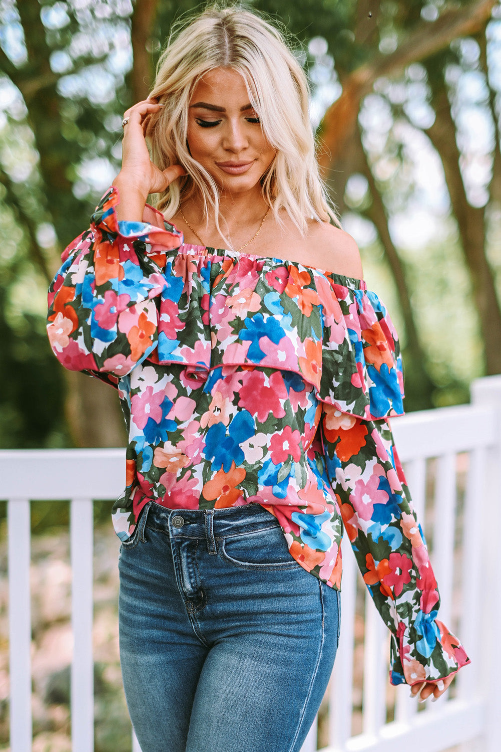 Multicolor Bohemian Floral Print Shirred Ruffle Off Shoulder Blouse