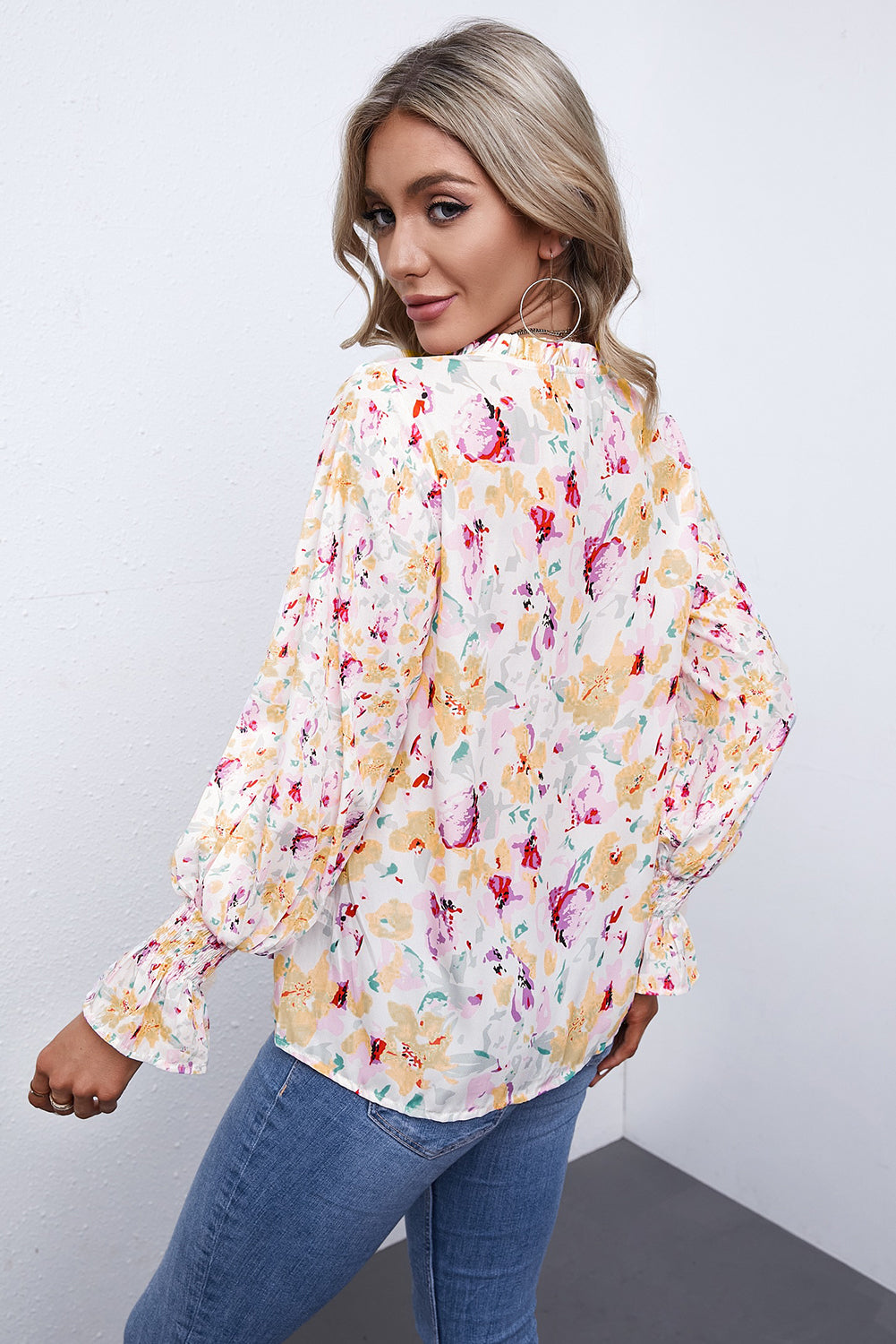 Pink Floral Print Bohemian Button Tie Front Blouse