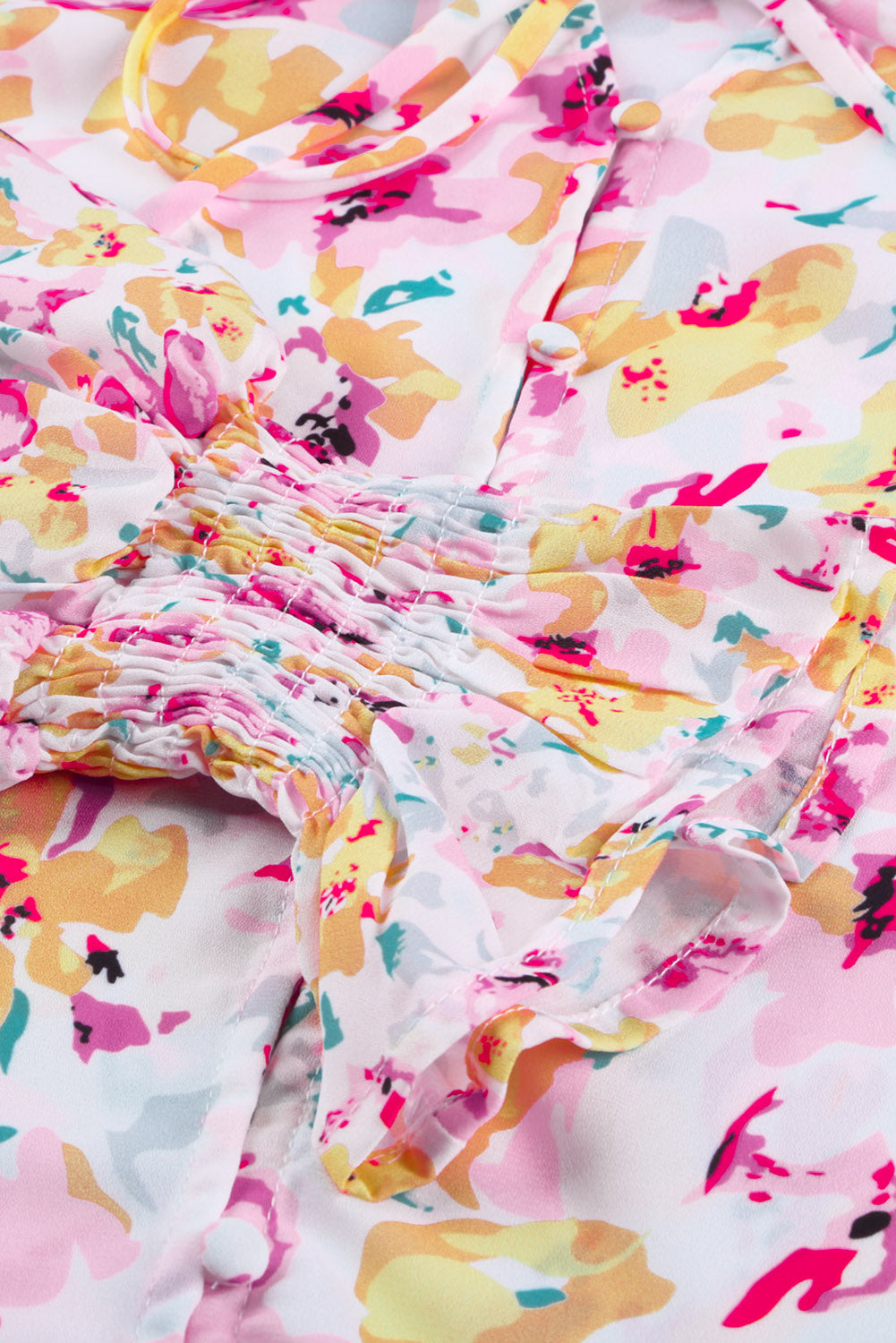 Pink Floral Print Bohemian Button Tie Front Blouse
