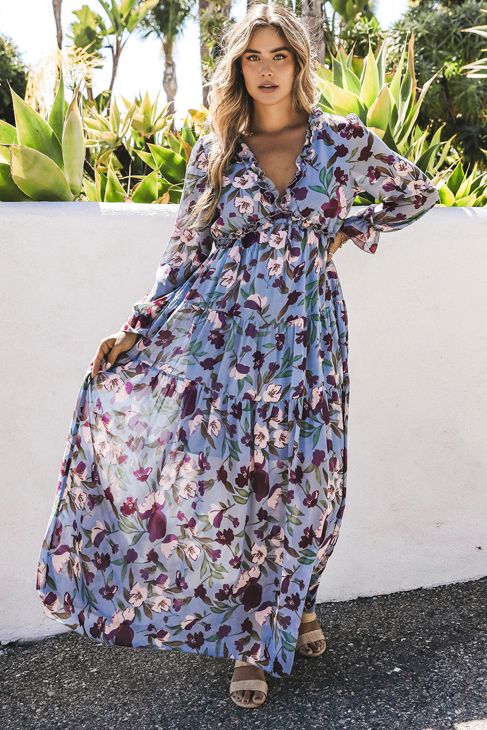 Pastel Red Floral Print Ruffle Trim Plunge Neckline Maxi Dress