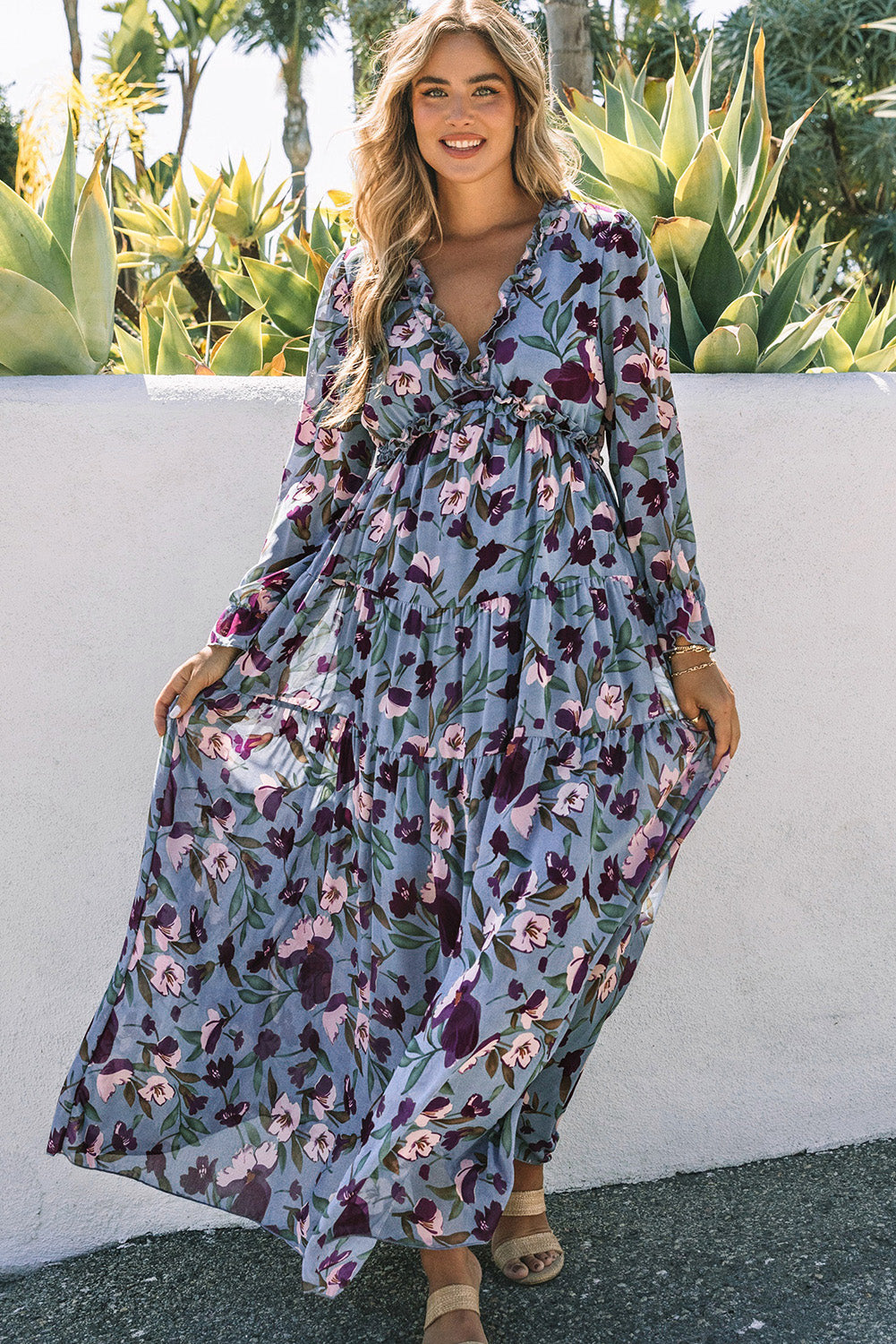 Pastel Red Floral Print Ruffle Trim Plunge Neckline Maxi Dress