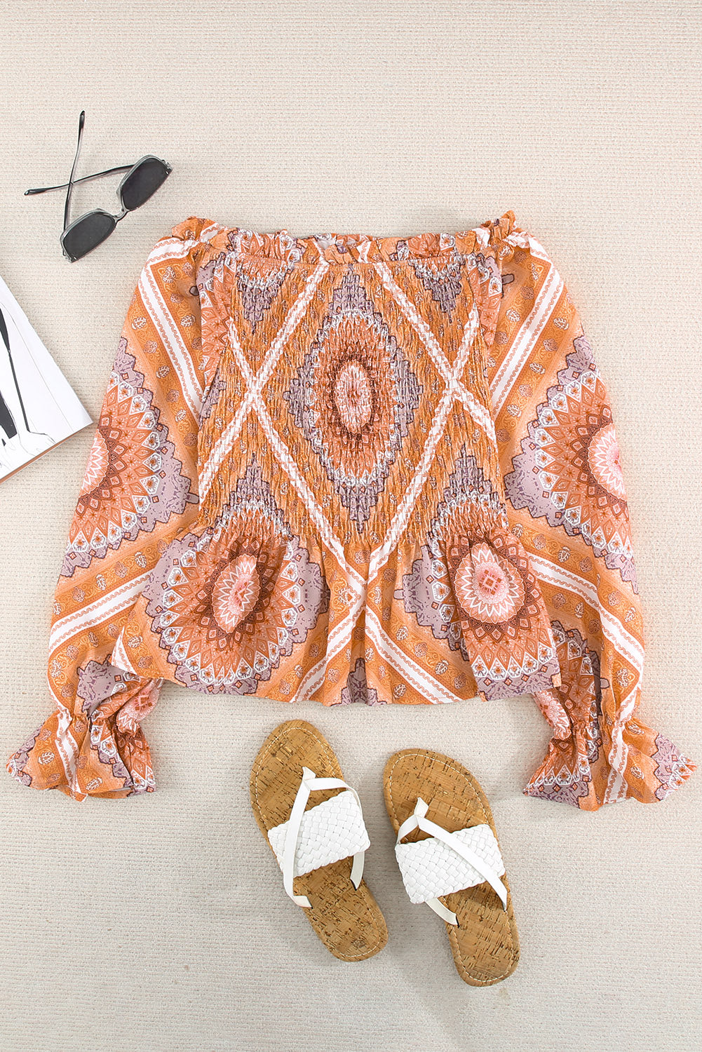 Paisley Print Smocked Off Shoulder Top