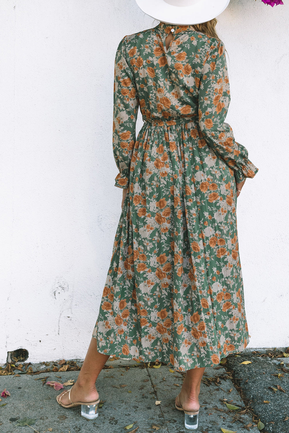 Frill Neck Boho Floral Print Pleated Belted Maxi Dress