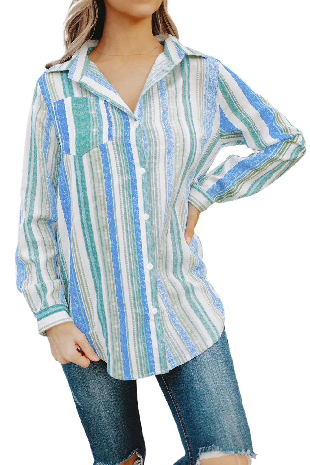Button Up Collared Stripes Shirt for Women
