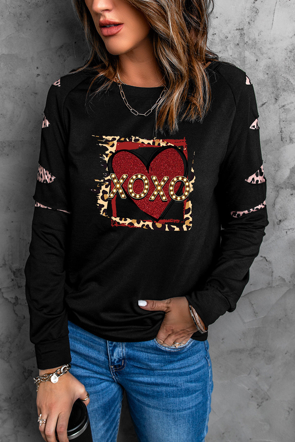 Leopard Print Distressed Raglan Sleeve Sweatshirt