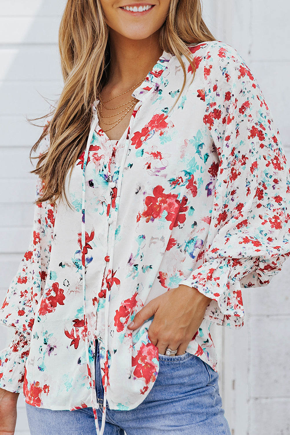 Pink Floral Print Bohemian Button Tie Front Blouse