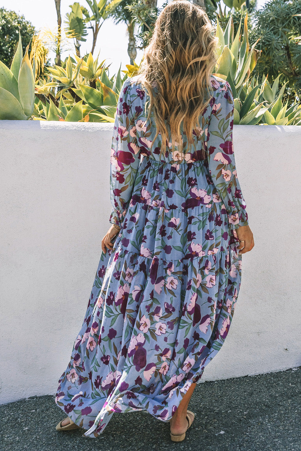 Pastel Red Floral Print Ruffle Trim Plunge Neckline Maxi Dress