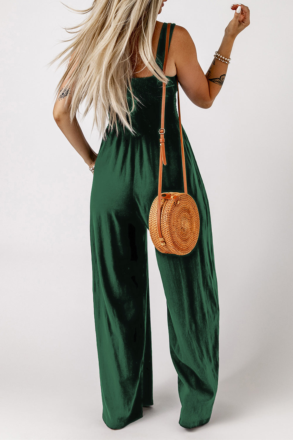 Casual Smocked Sleeveless Wide Leg Jumpsuit With Pockets