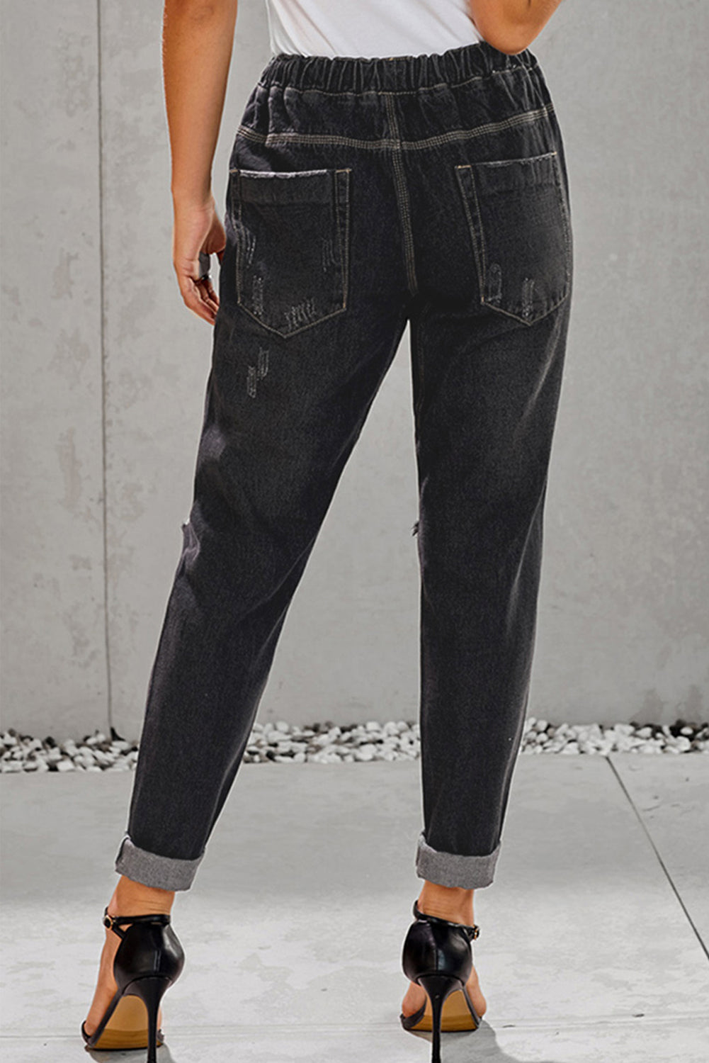 Dark Blue Casual Gather Round Distressed Pocketed Jeans