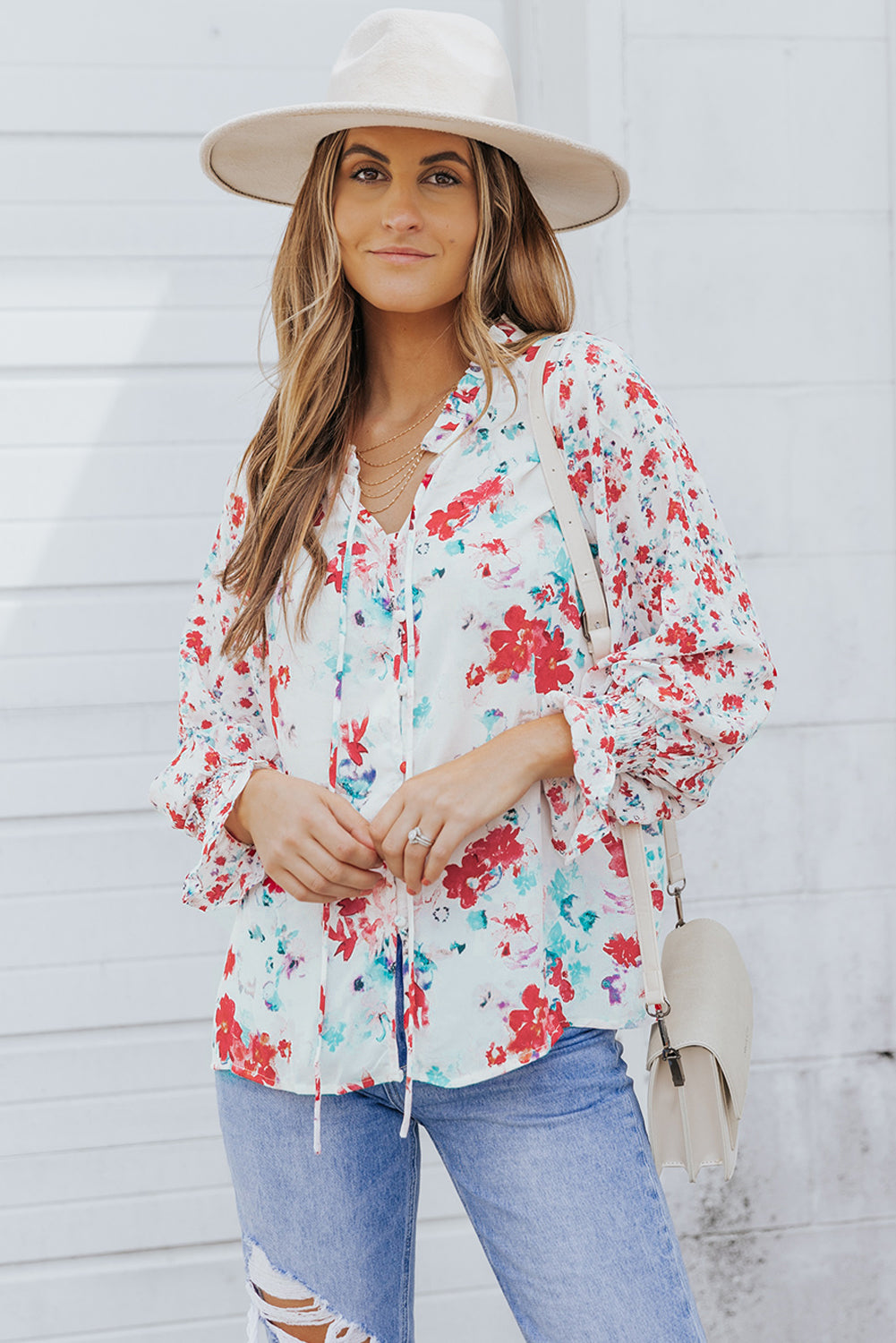 Pink Floral Print Bohemian Button Tie Front Blouse