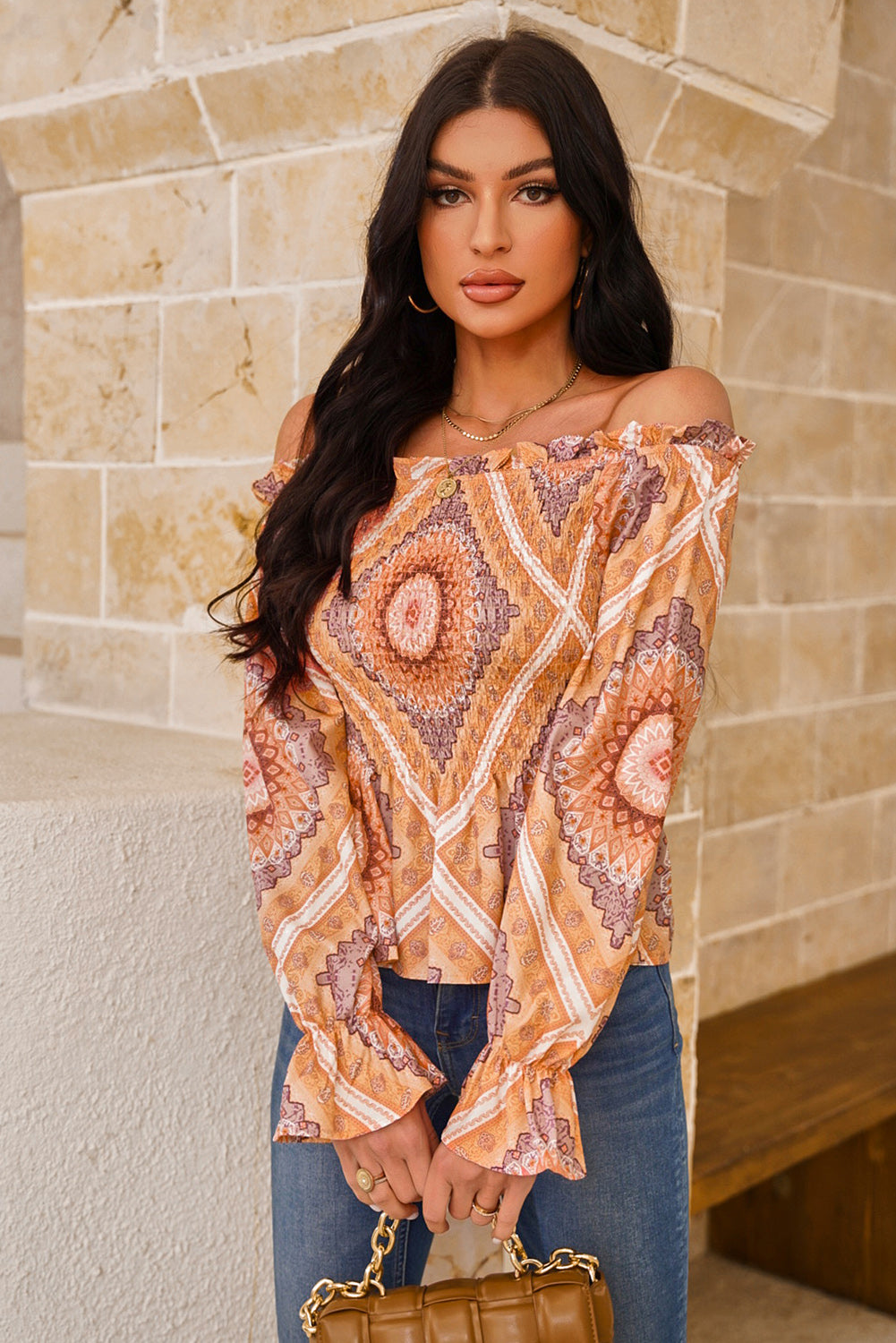 Paisley Print Smocked Off Shoulder Top