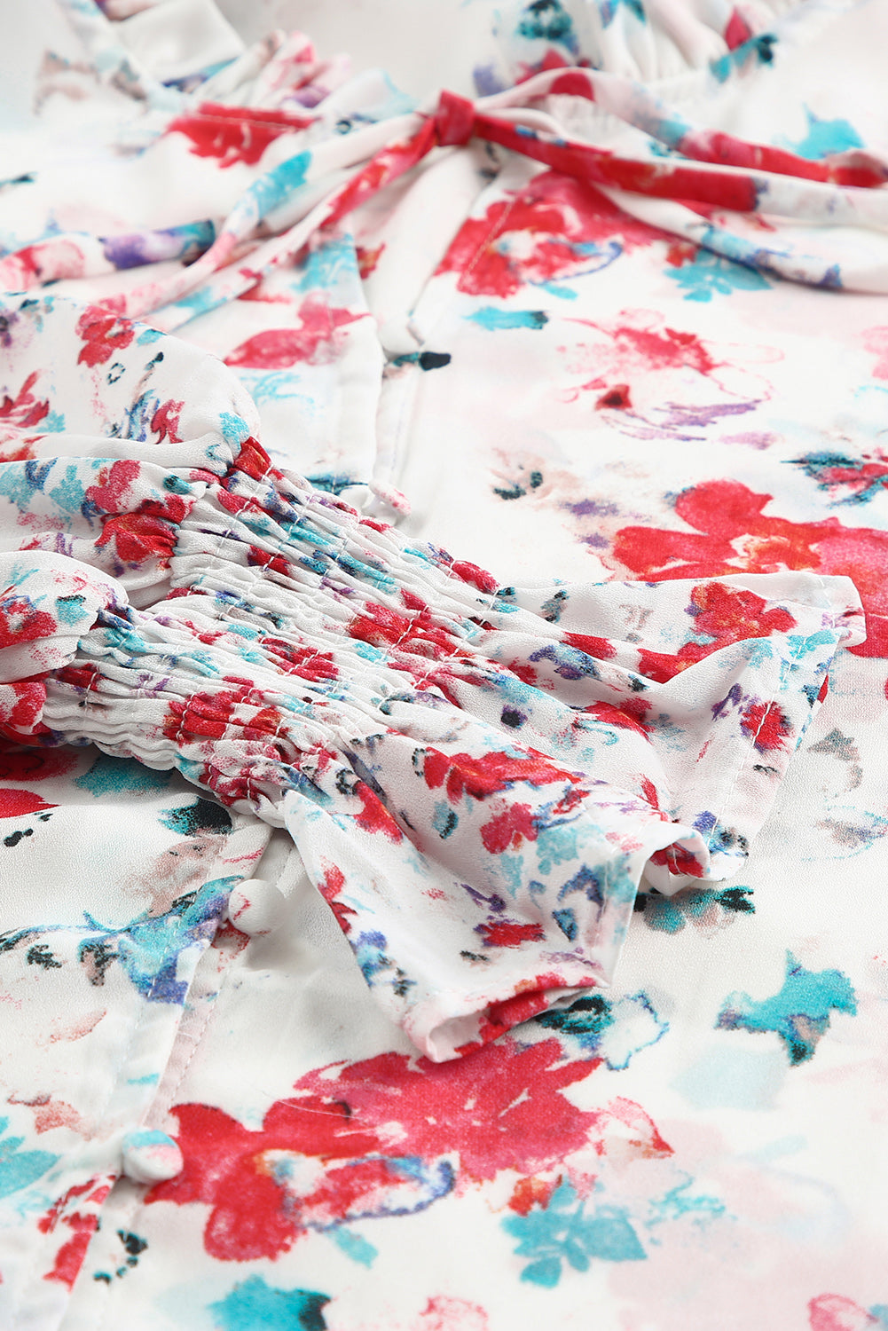Pink Floral Print Bohemian Button Tie Front Blouse