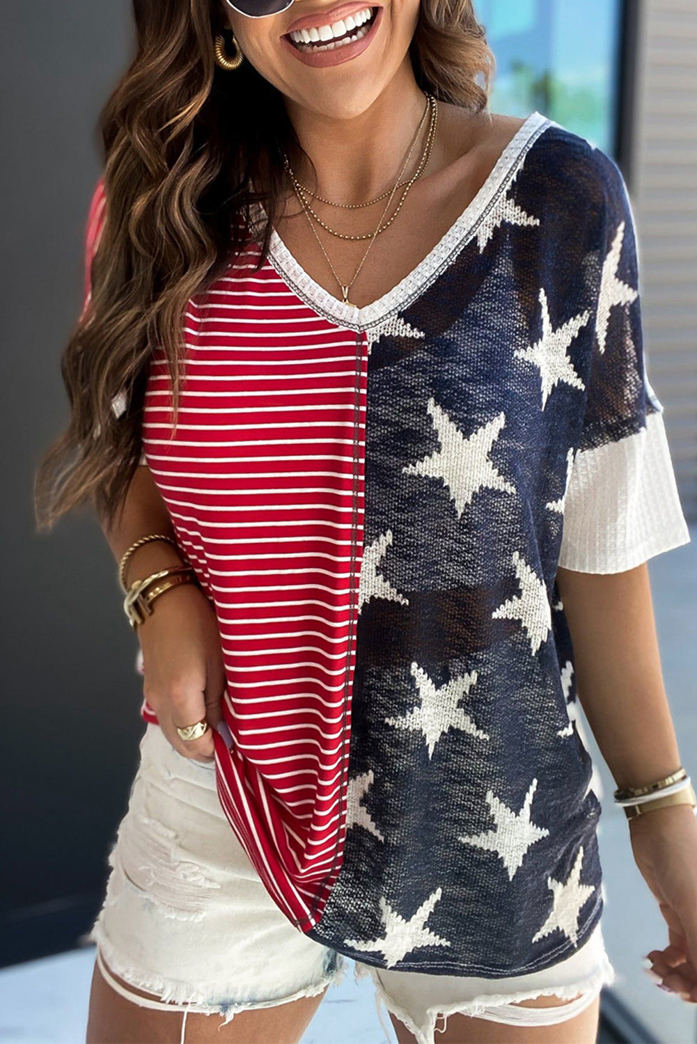 Multicolor Stripes Stars Print Knit Short Sleeve Top