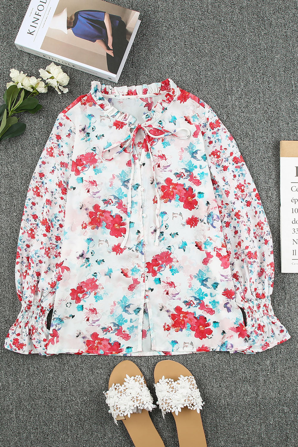 Pink Floral Print Bohemian Button Tie Front Blouse