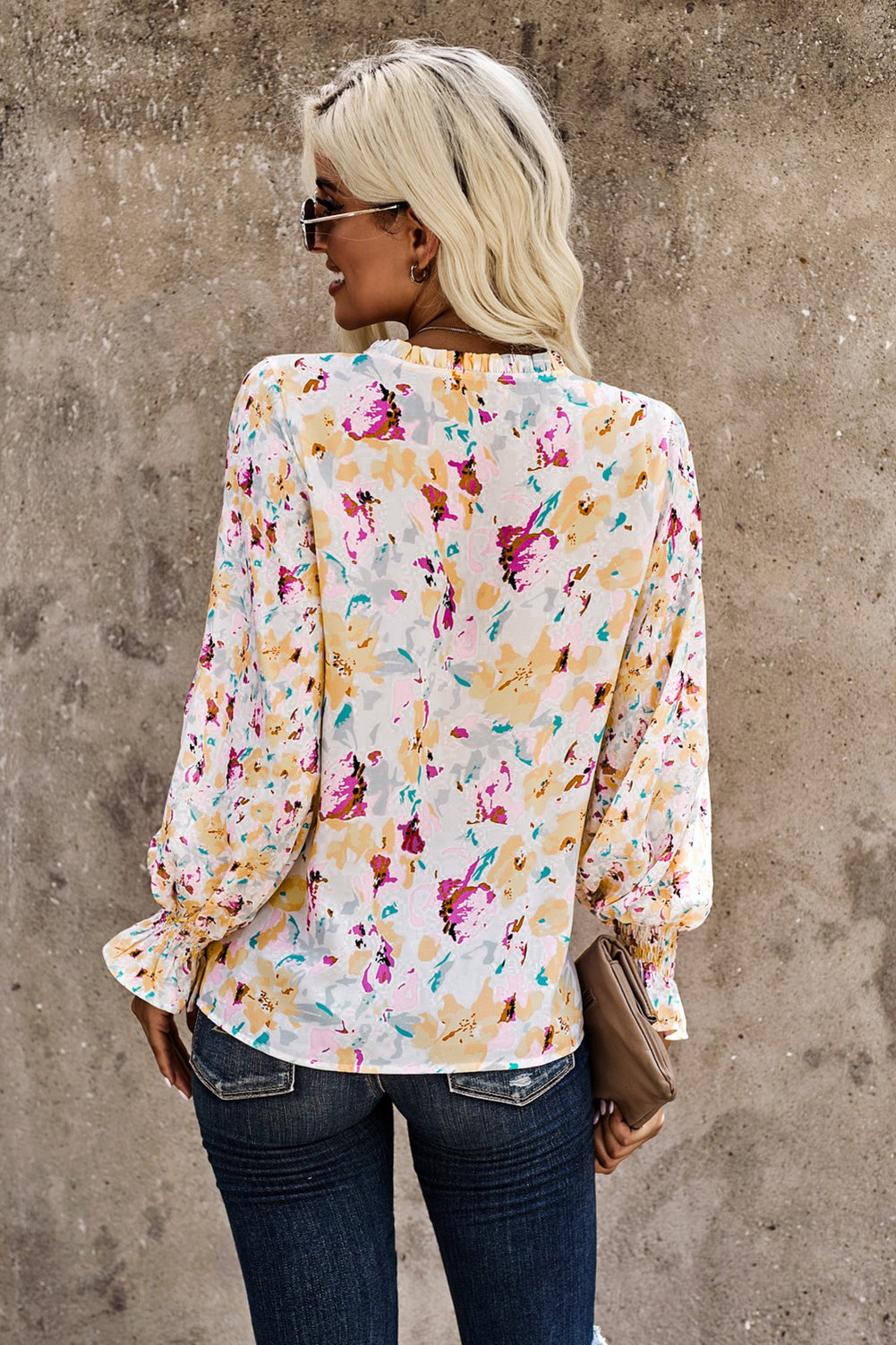 Pink Floral Print Bohemian Button Tie Front Blouse