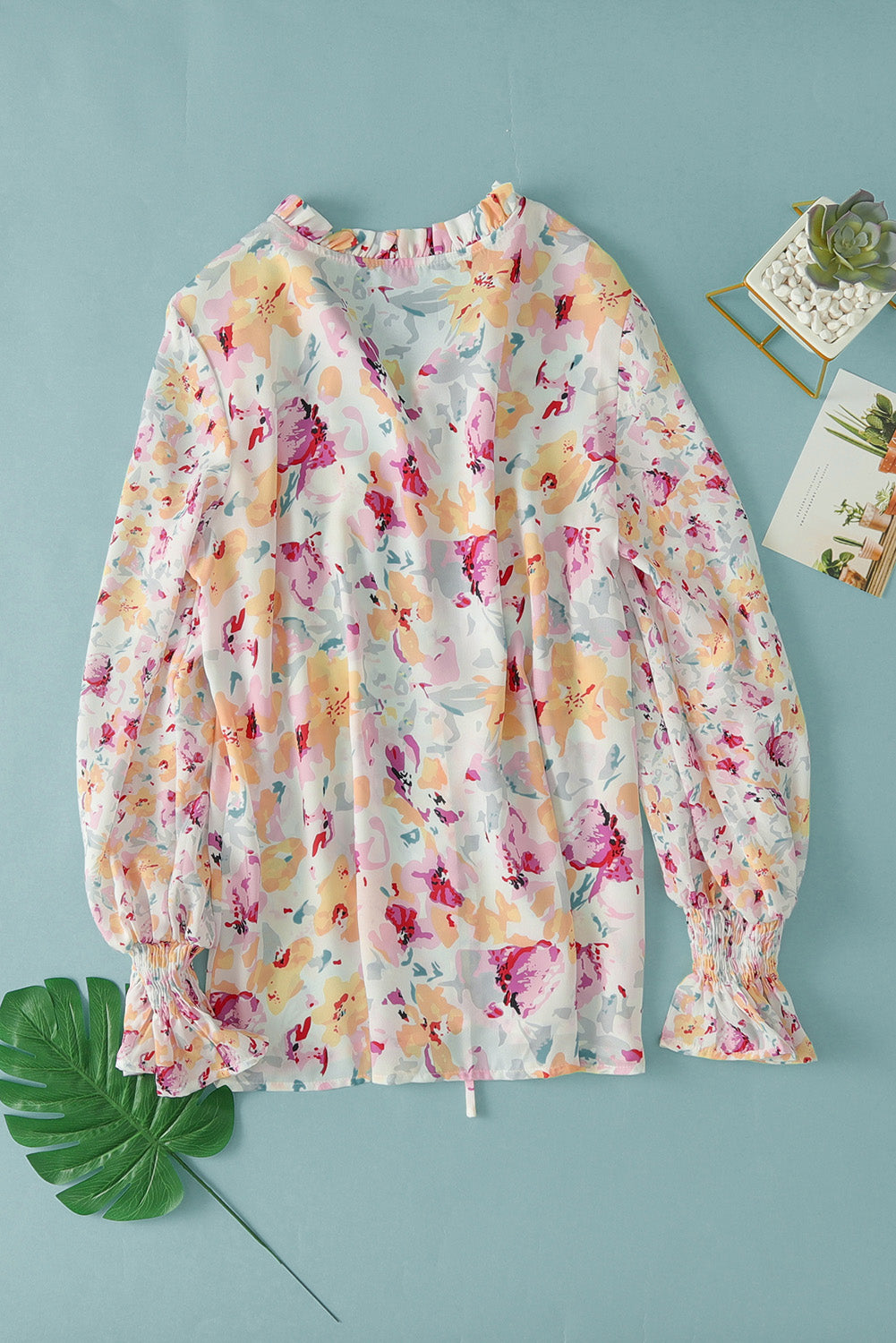 Pink Floral Print Bohemian Button Tie Front Blouse