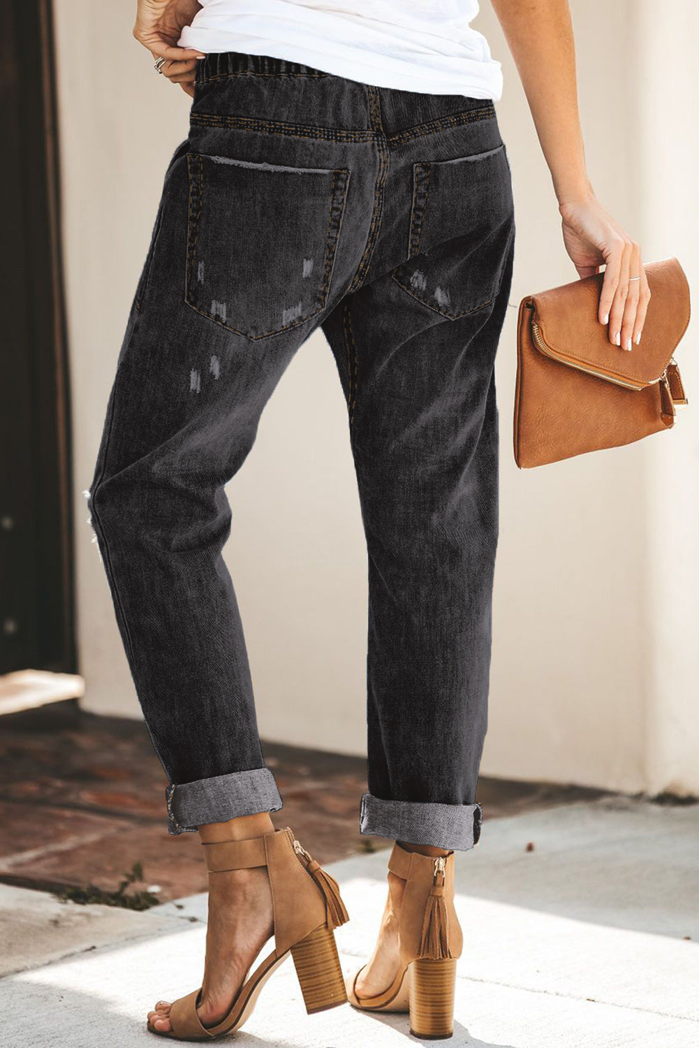 Dark Blue Casual Gather Round Distressed Pocketed Jeans