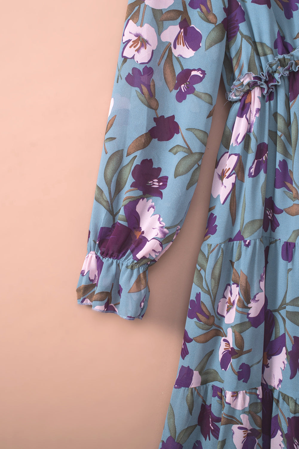 Pastel Red Floral Print Ruffle Trim Plunge Neckline Maxi Dress