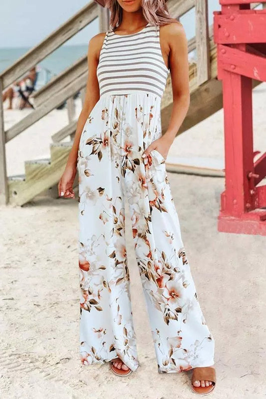 Striped Floral Pocket Sleeveless Jumpsuit With Pockets