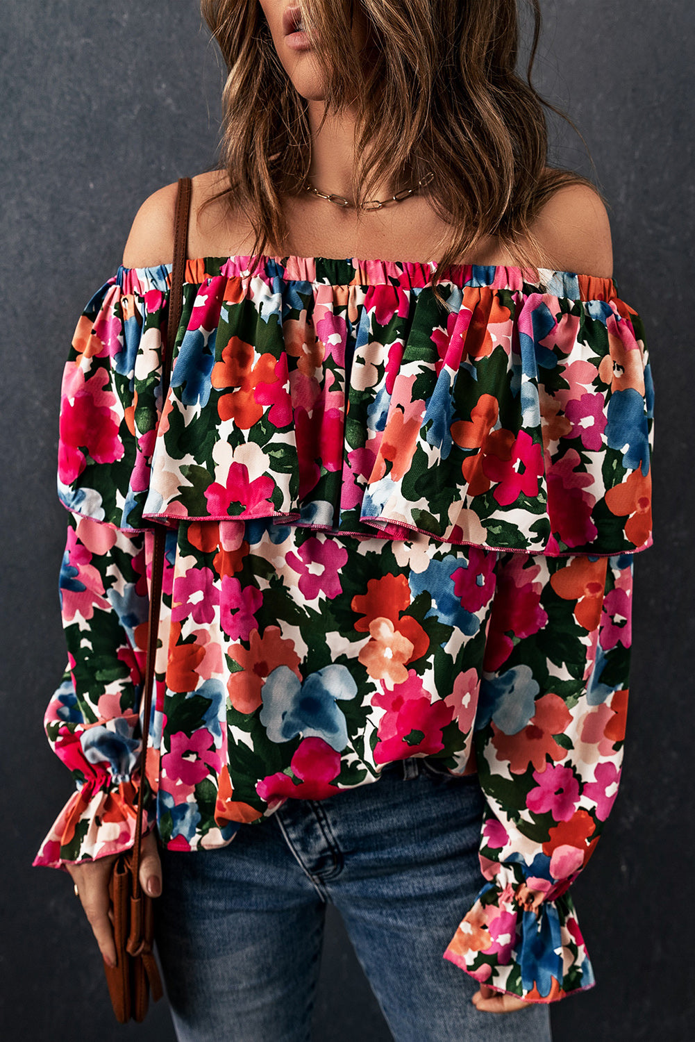 Multicolor Bohemian Floral Print Shirred Ruffle Off Shoulder Blouse