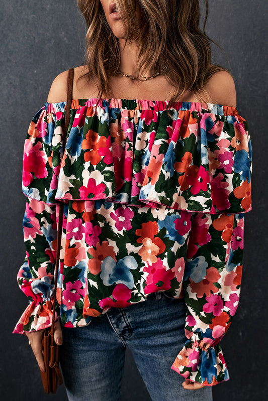 Multicolor Bohemian Floral Print Shirred Ruffle Off Shoulder Blouse