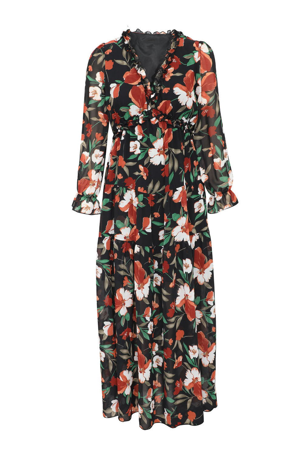 Pastel Red Floral Print Ruffle Trim Plunge Neckline Maxi Dress