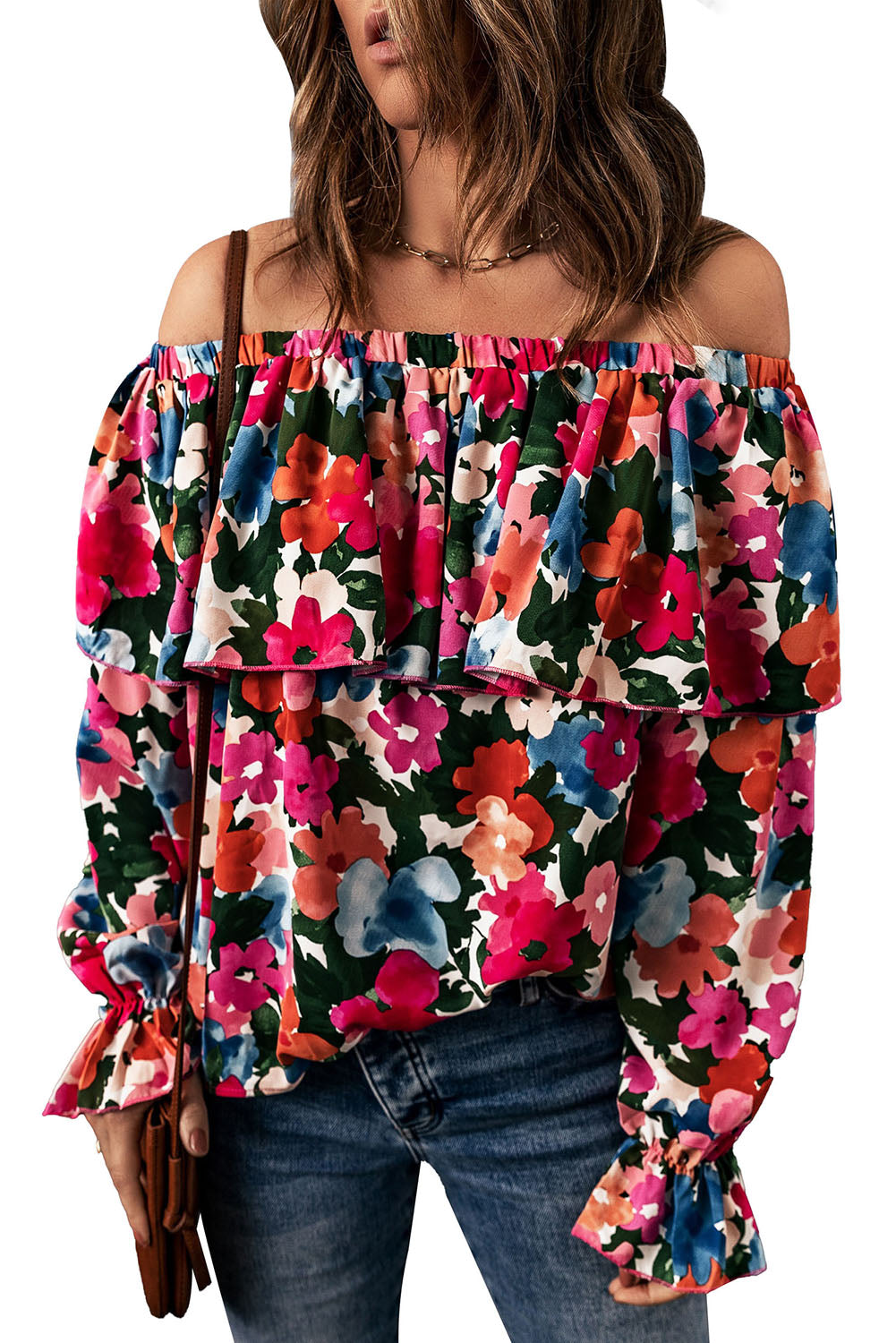 Multicolor Bohemian Floral Print Shirred Ruffle Off Shoulder Blouse