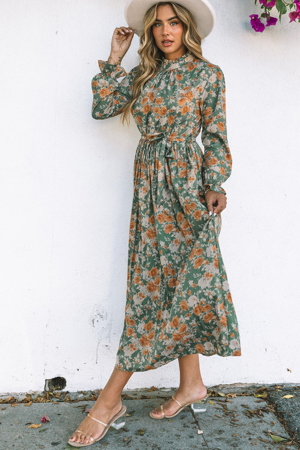 Frill Neck Boho Floral Print Pleated Belted Maxi Dress