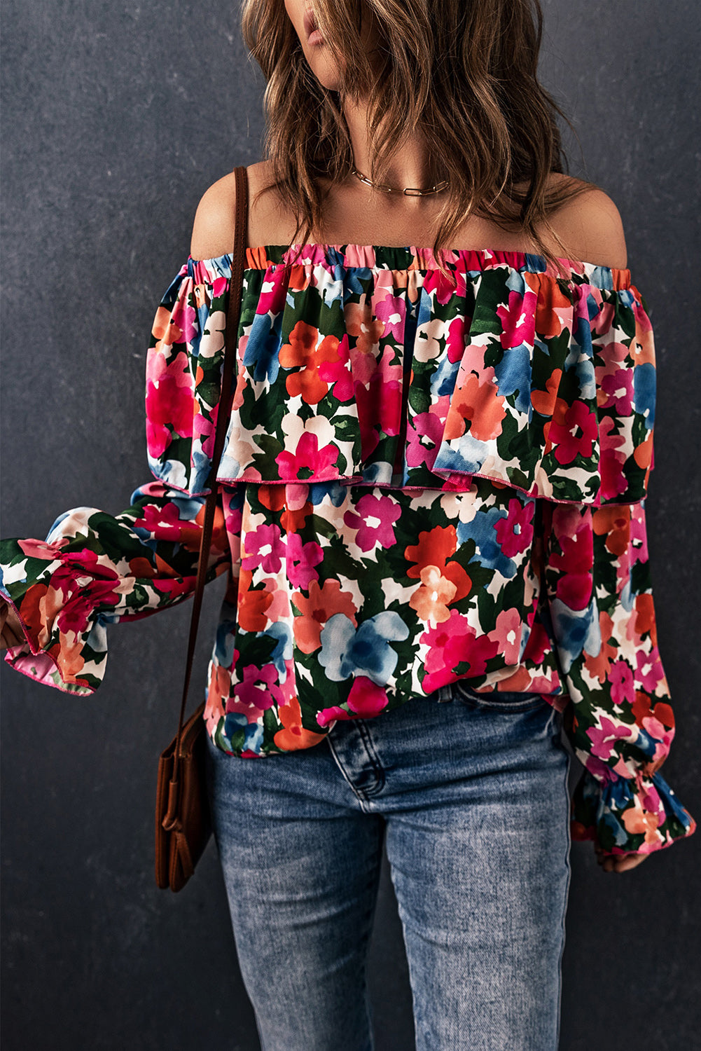 Multicolor Bohemian Floral Print Shirred Ruffle Off Shoulder Blouse