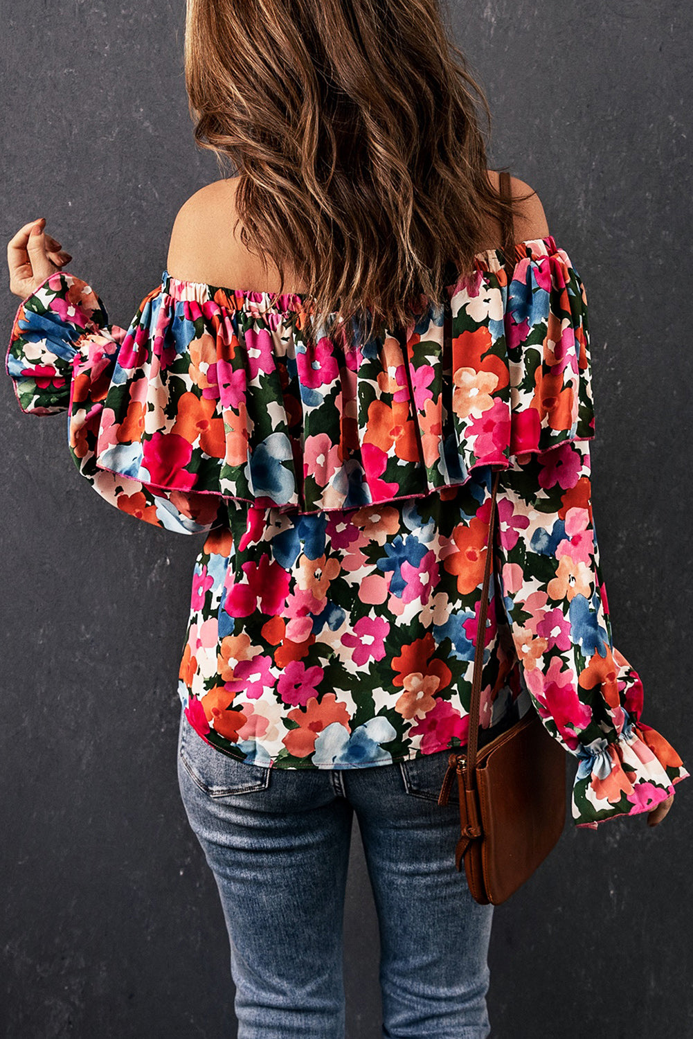Multicolor Bohemian Floral Print Shirred Ruffle Off Shoulder Blouse